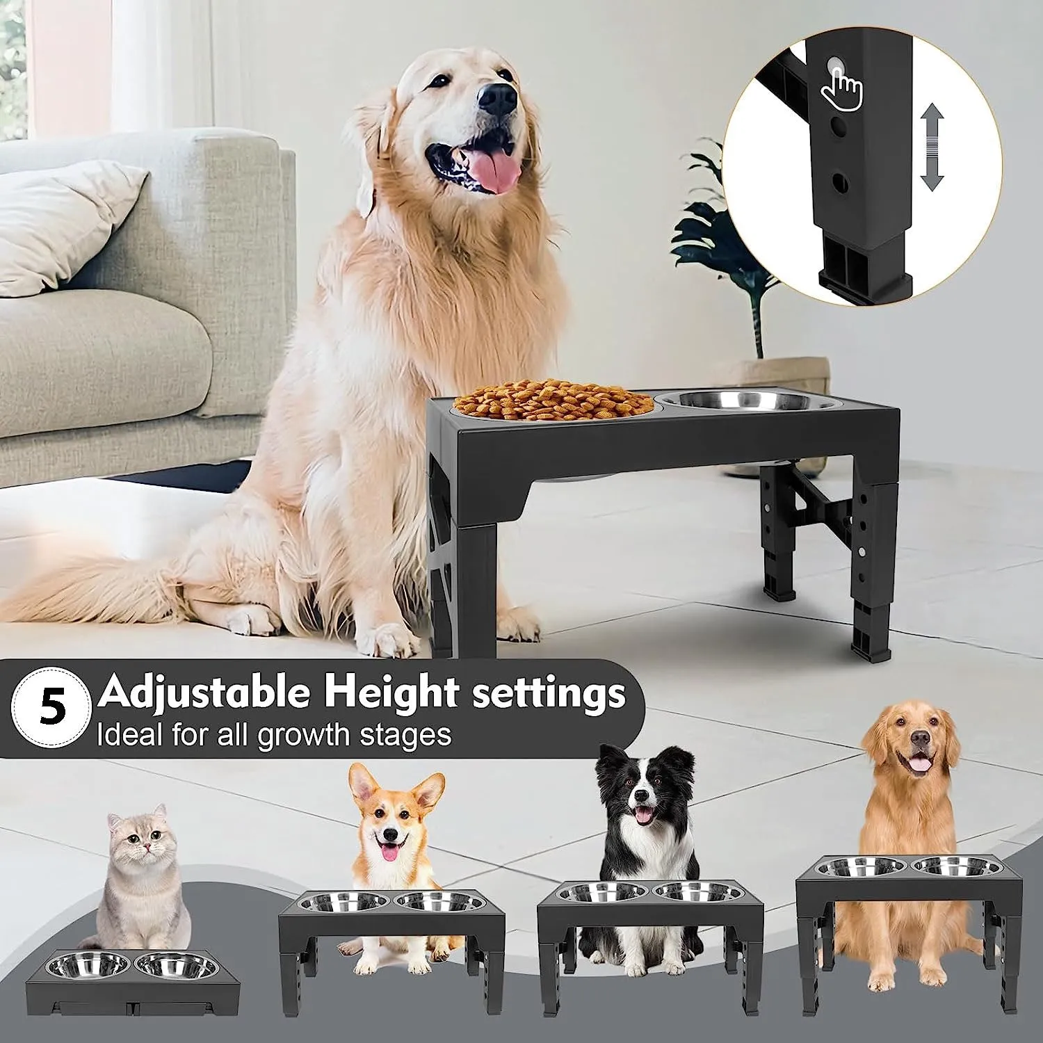 5 Height Adjustable Elevated Dog Feeder Table with 2 Dog Bowl