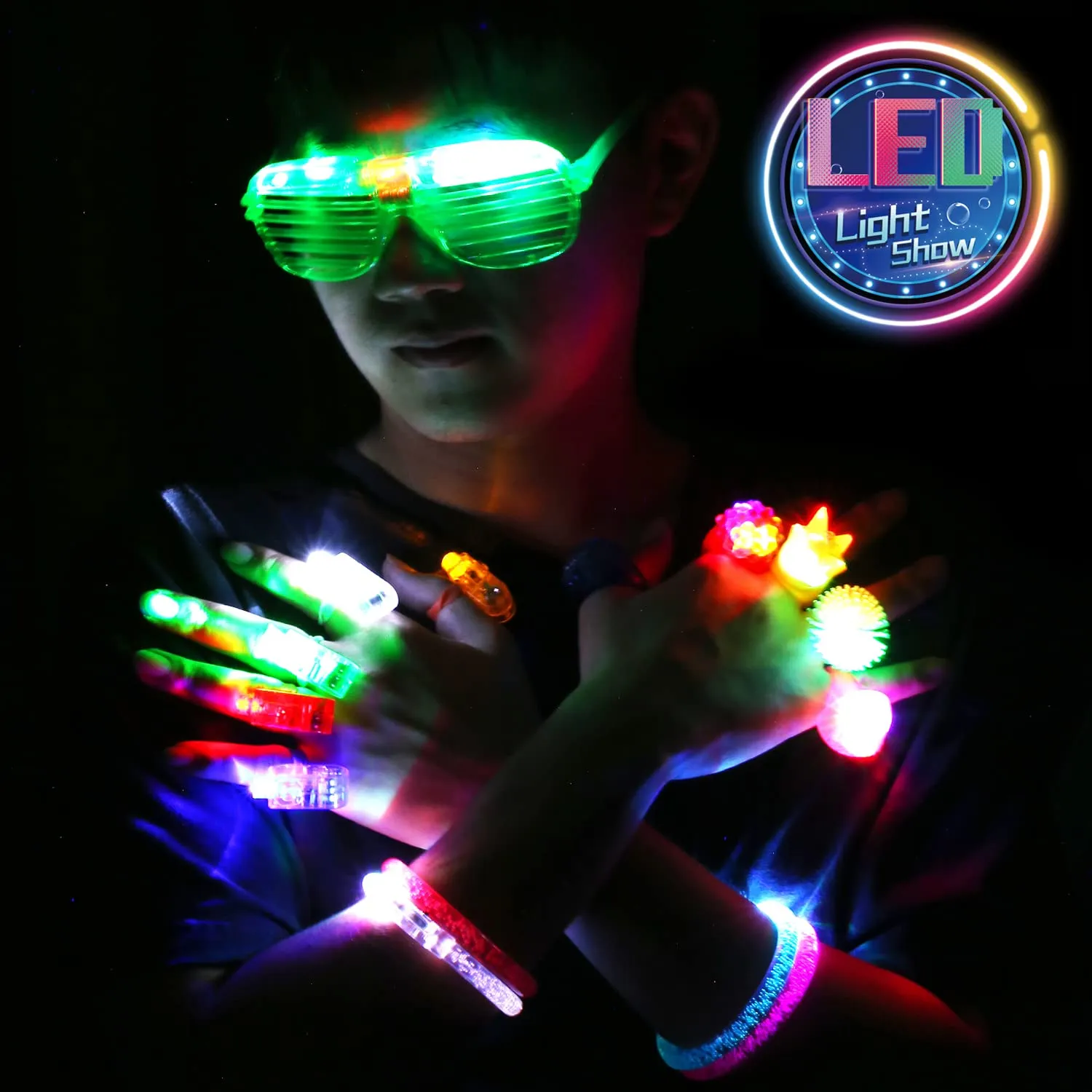 78PCs LED Light Up Toy Party Favors/Supplies Bulk Glow In The Dark For Adult Kids Birthday Halloween With 50 Finger Light, 12 Jelly Ring, 6 Flashing Glasses, 5 Bracelet, 5 Fiber Optic Hair Light