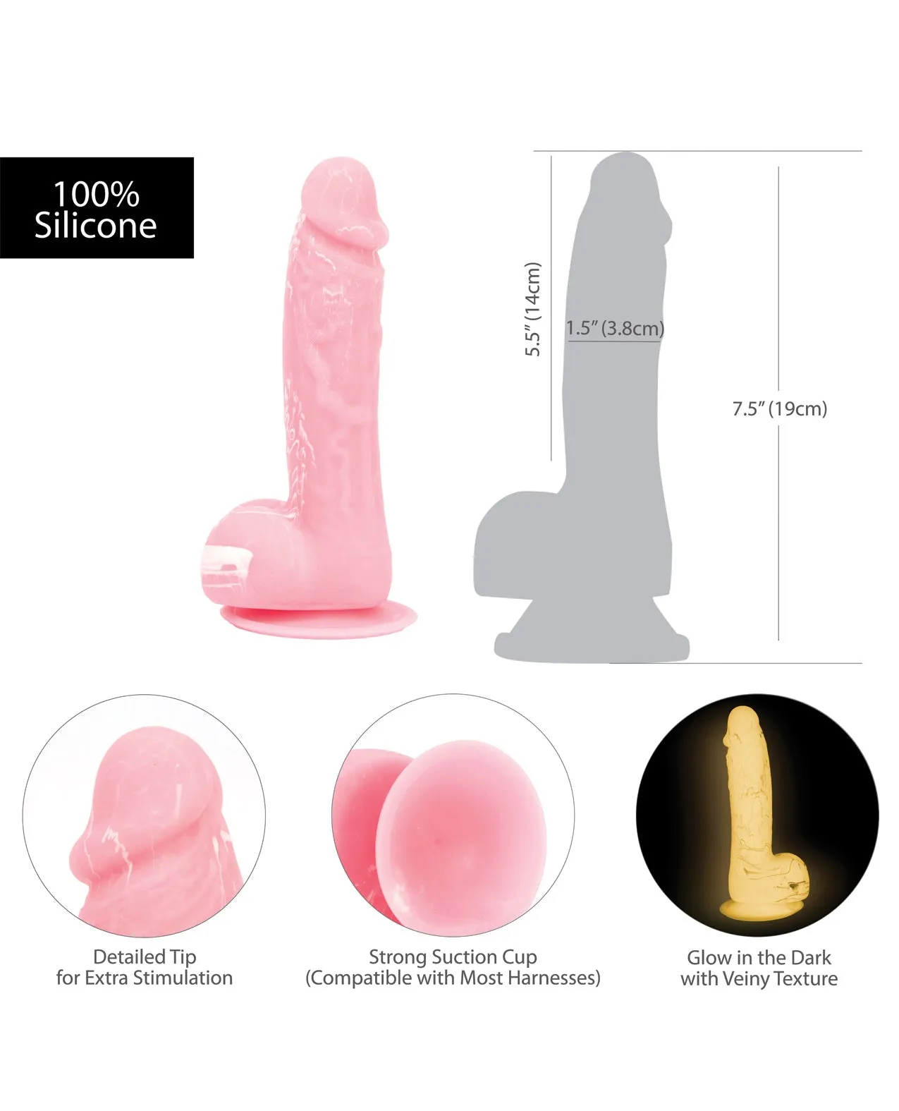 Addiction Brandon 7.5" Glow in the Dark Dildo - Pink