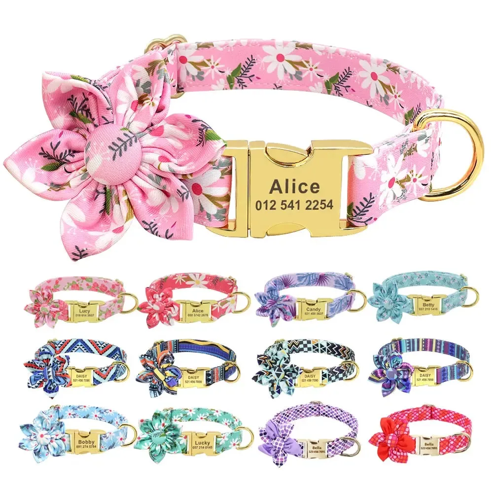 Adorable Multicolored Flower Print Dog Collars – Personalized for Dogs and Cats