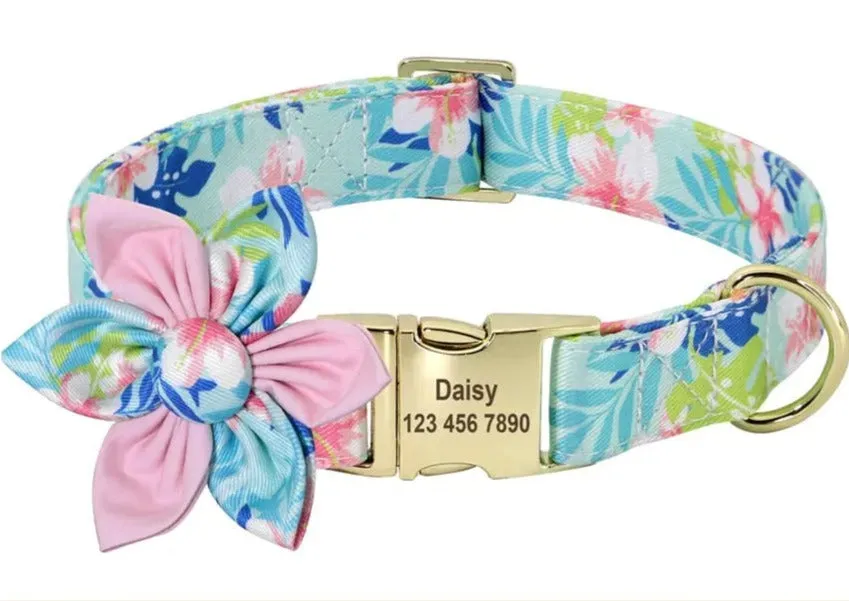 Adorable Multicolored Flower Print Dog Collars – Personalized for Dogs and Cats