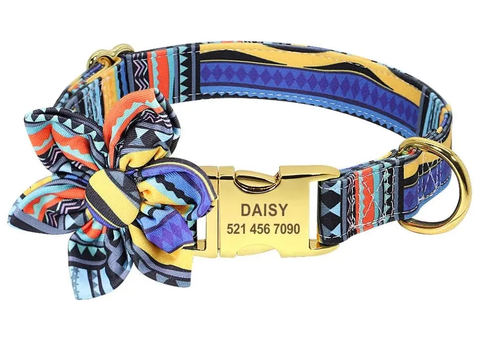 Adorable Multicolored Flower Print Dog Collars – Personalized for Dogs and Cats