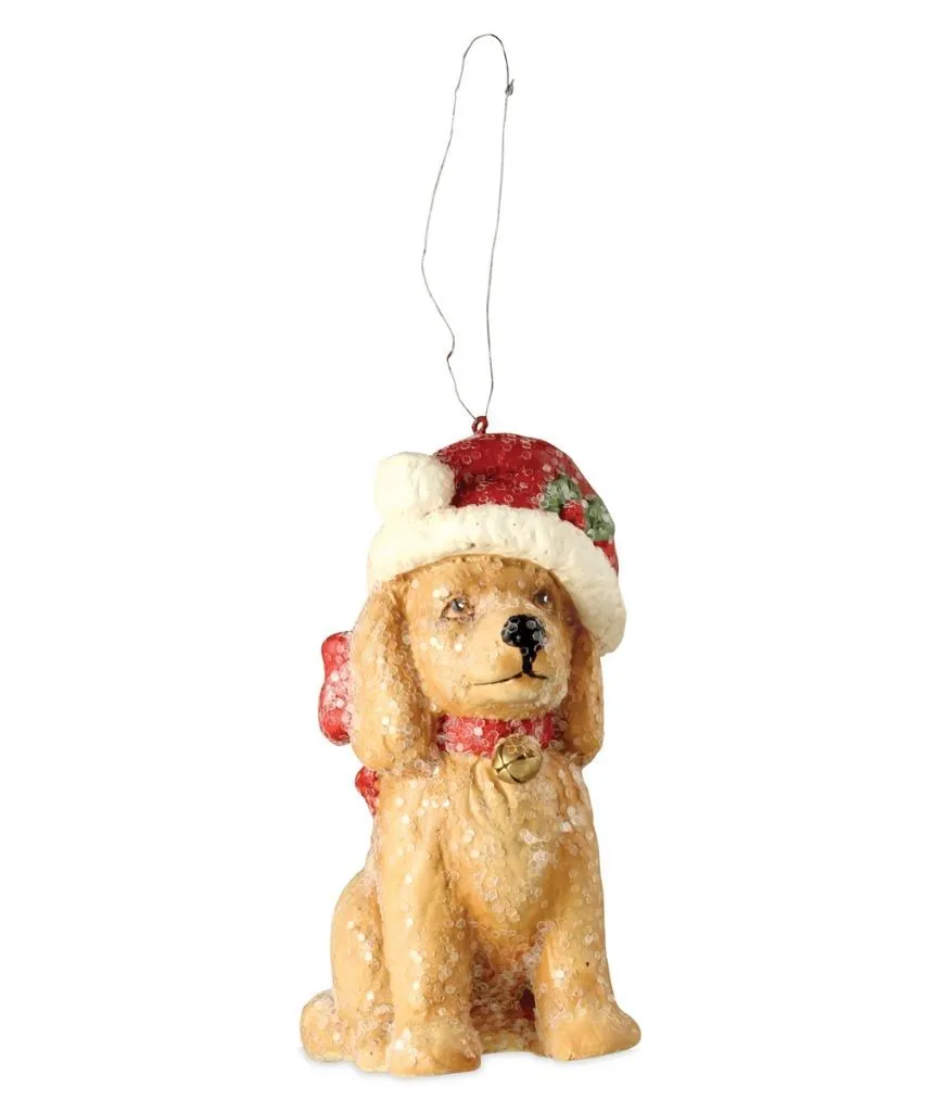 Bethany Lowe Santa Paws Yellow Retriever Christmas Santa Hat 3" Ornament