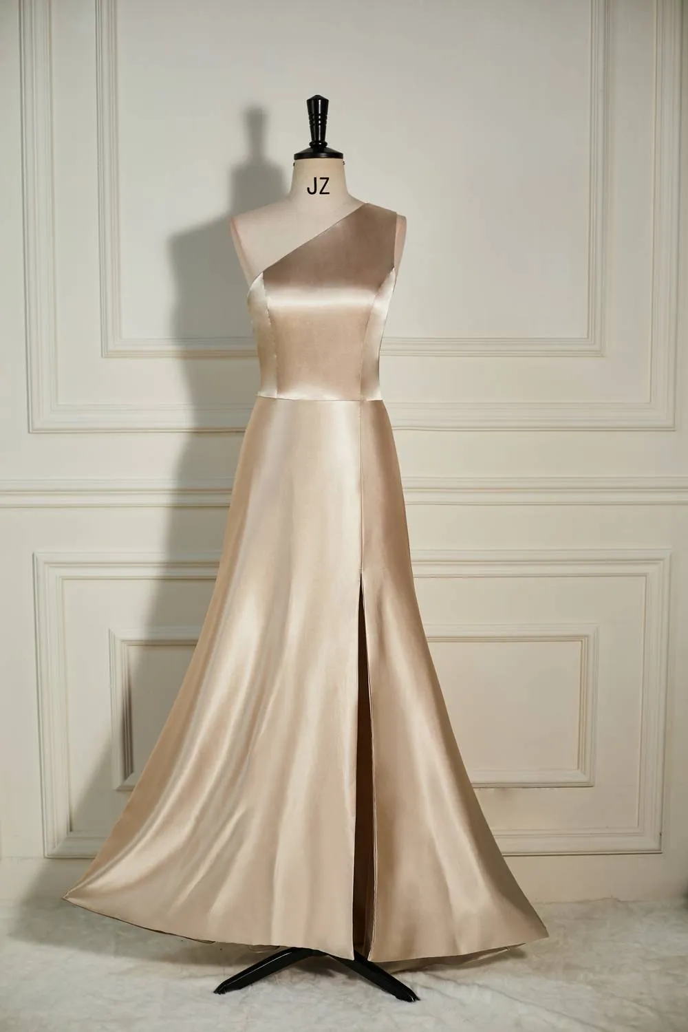 Champagne One Shoulder A-line Satin Long Dress with Slit