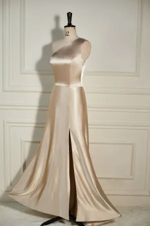 Champagne One Shoulder A-line Satin Long Dress with Slit