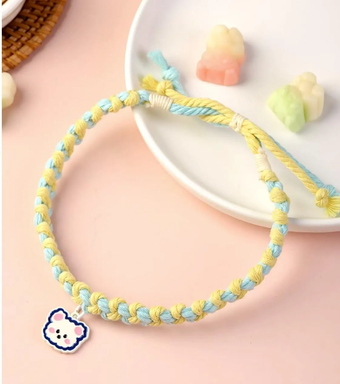 Cute Gummy Bear Hand Knitted Adjustable Pet Collar with Pendant for Cats or Small Dogs