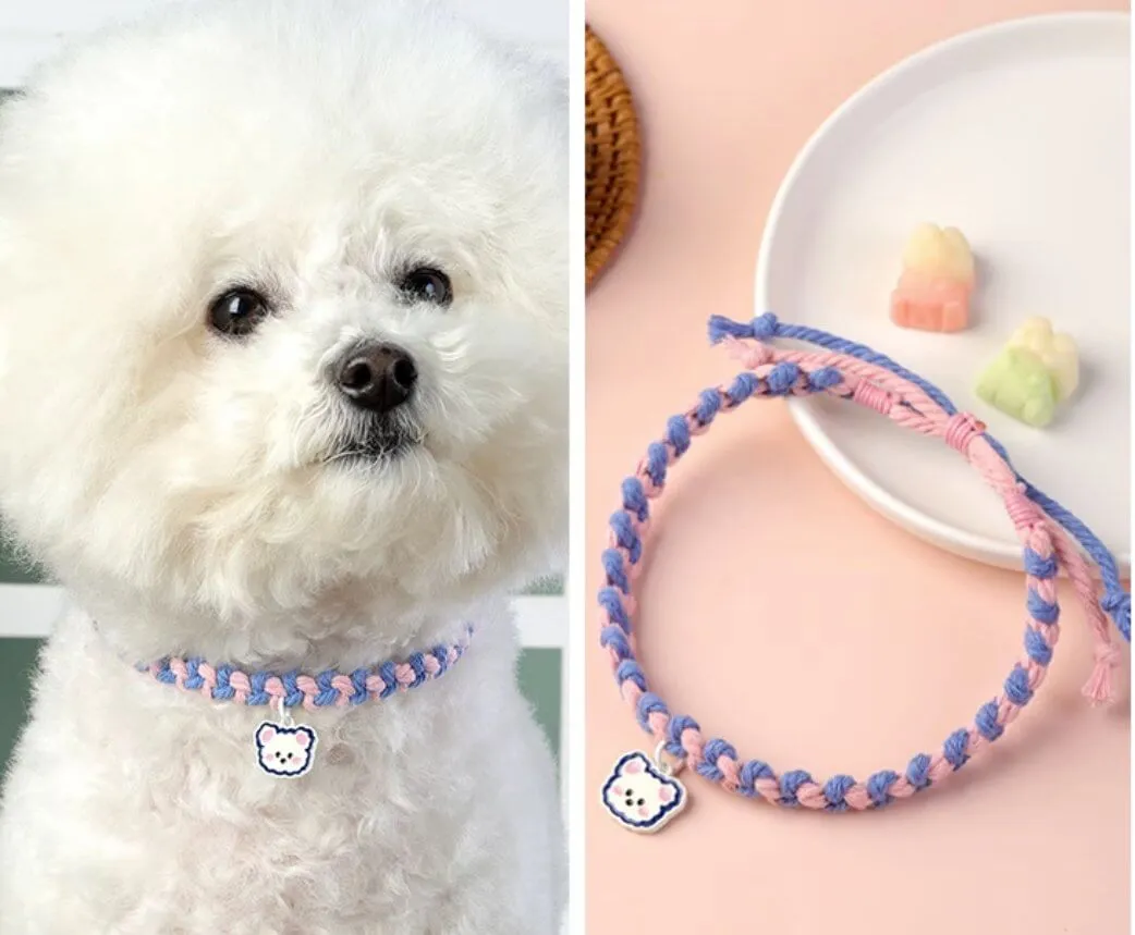 Cute Gummy Bear Hand Knitted Adjustable Pet Collar with Pendant for Cats or Small Dogs