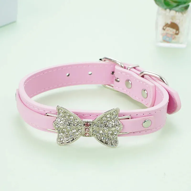 Diamond Studded Bowtie Leather Dog Collar - Adjustable Luxury Collars for Small and Medium Dogs & Cats