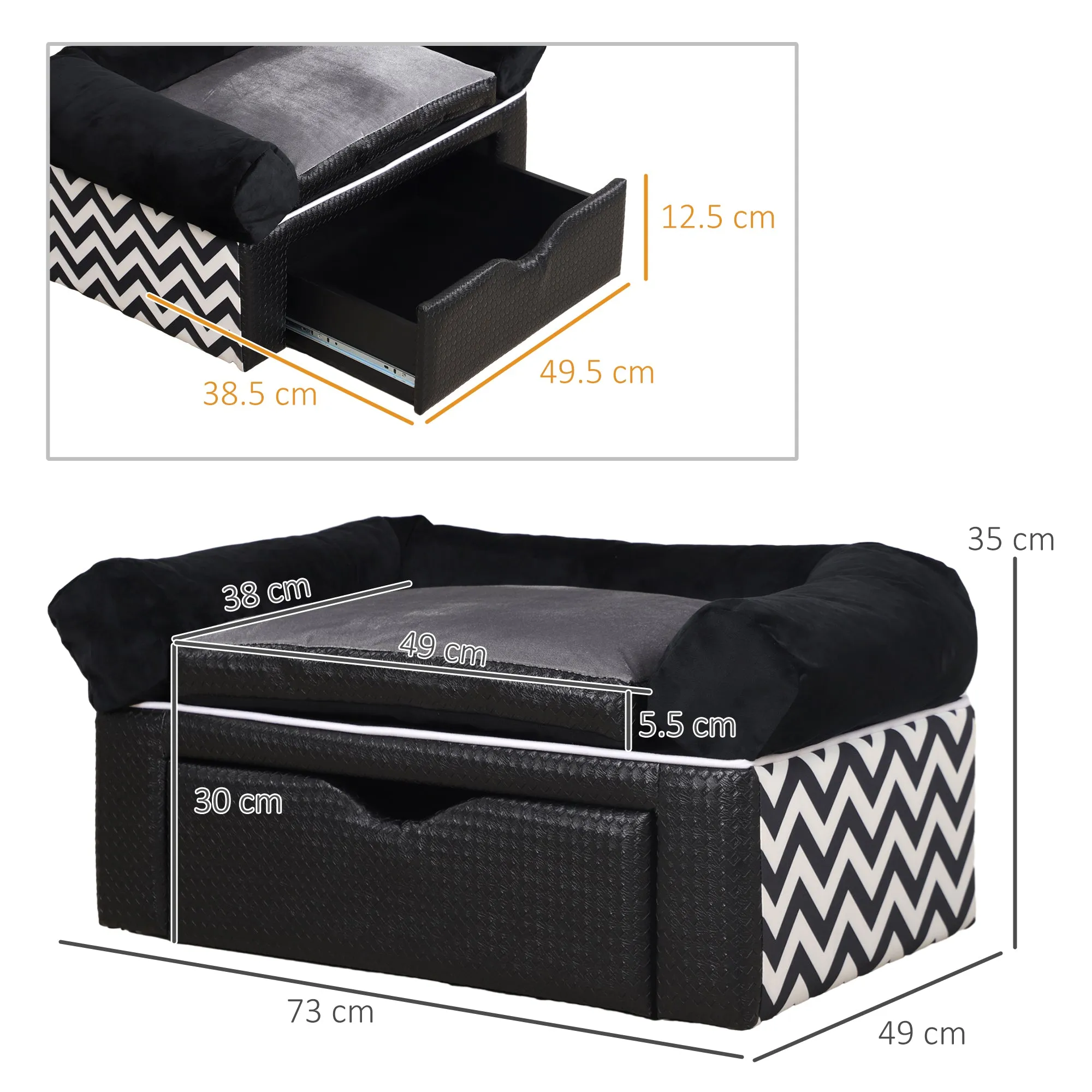 Dog Sofa Bed with Storage Drawer, Elevated Dog Couch for Small Dogs, with Soft Cushion, Removable and Washable Cover, Black