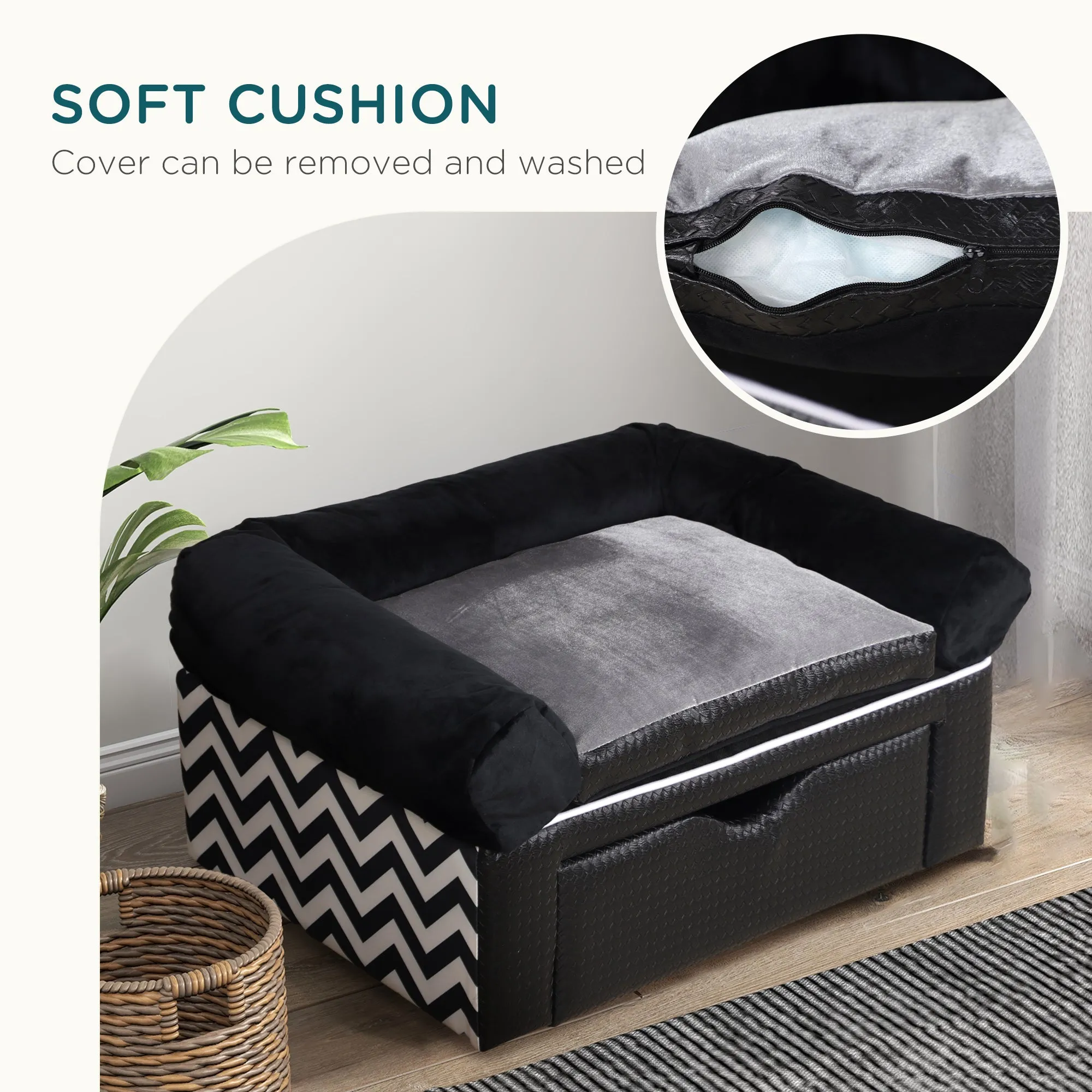 Dog Sofa Bed with Storage Drawer, Elevated Dog Couch for Small Dogs, with Soft Cushion, Removable and Washable Cover, Black