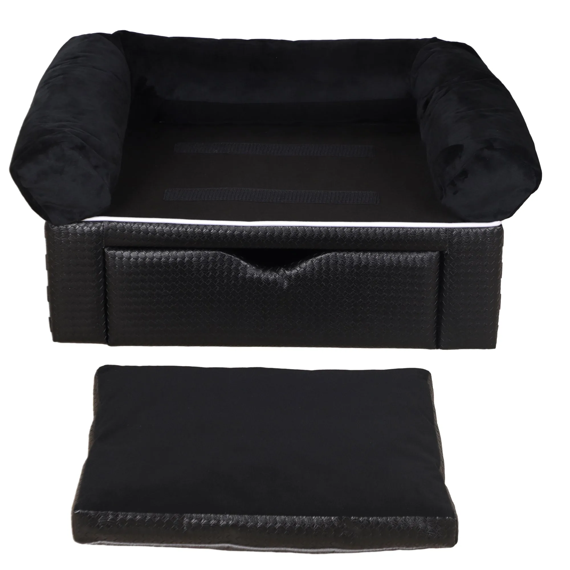 Dog Sofa Bed with Storage Drawer, Elevated Dog Couch for Small Dogs, with Soft Cushion, Removable and Washable Cover, Black