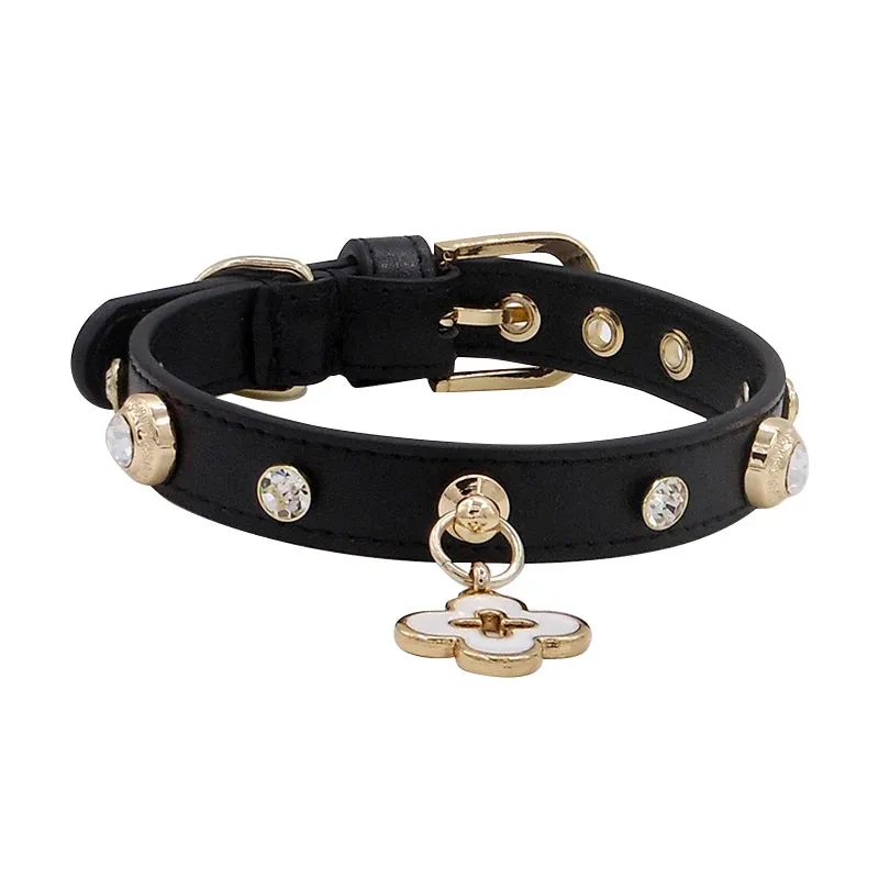 Elegant Genuine Leather Pet Collars with Charm - Luxury Dog & Cat Necklace for Poodles, Papillons, Chihuahuas & Puppies