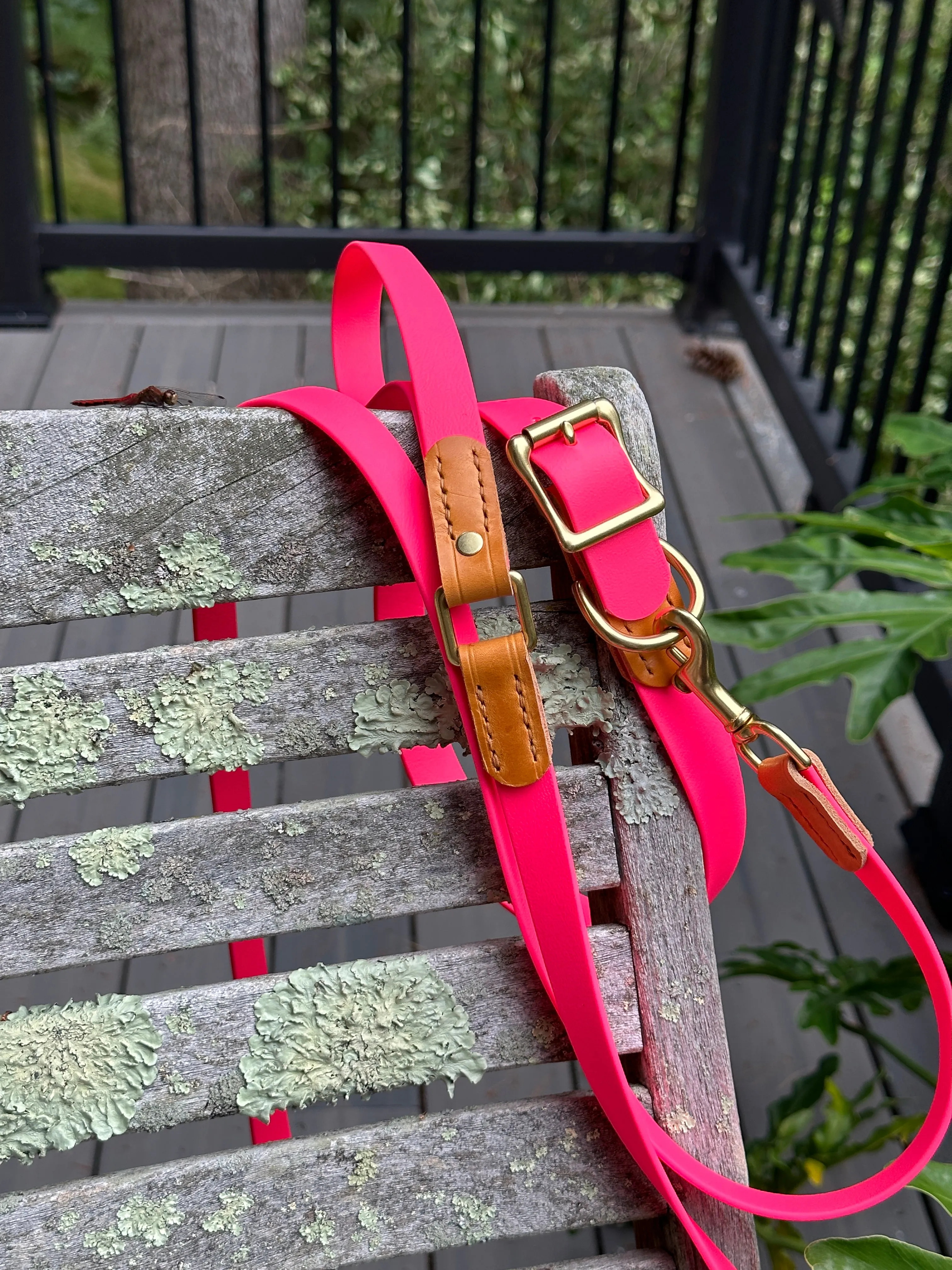 Leather and Biothane Dog Collar and Leash Set, Pink Biothane, London Tan Bridle Leather, Solid Brass Hardware, RIveted and Stitched