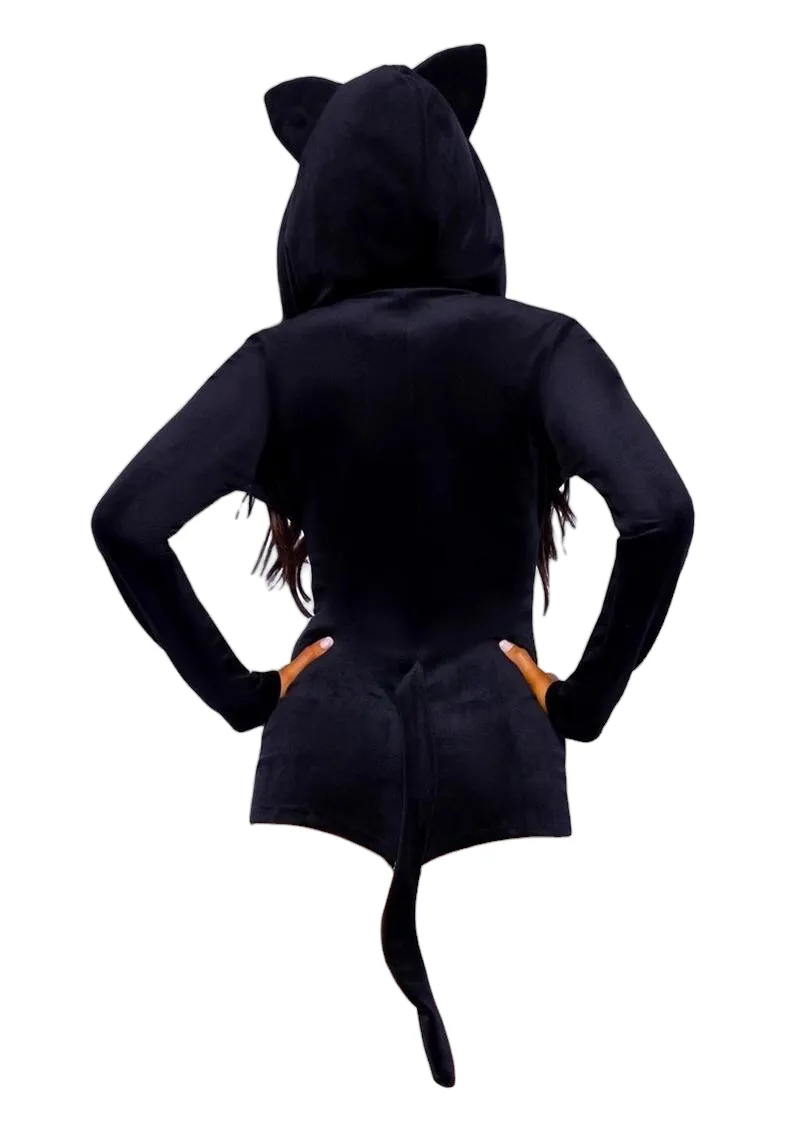 Leg Avenue 2 PC Comfy Cat Ultra-Soft Velvet Plush Zip Up Romper with Bell Zipper Pull Black