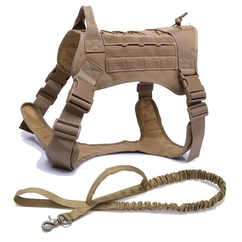 Military Tactical Dog Harness with Handle and Bungee Leash