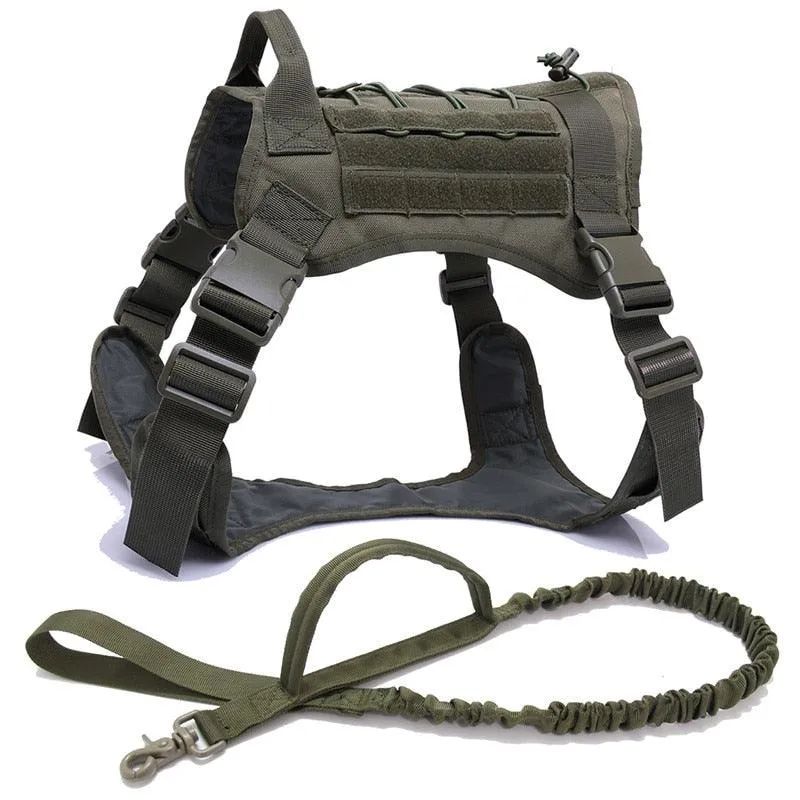 Military Tactical Dog Harness with Handle and Bungee Leash