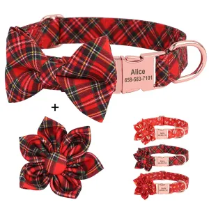 Personalized Christmas Dog Collar – Classic Red Plaid Pet Collar with Bowknot & Free Engraving ID Tag for Small and Medium Dogs