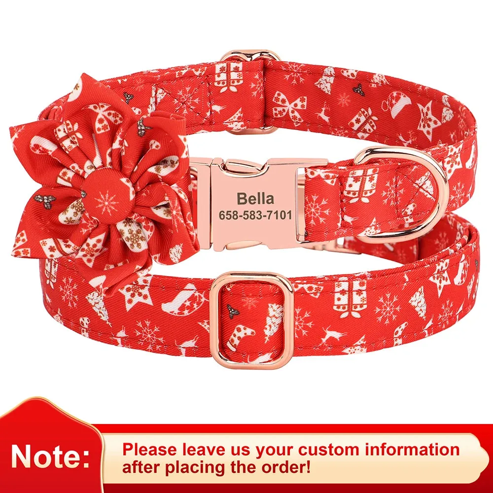 Personalized Christmas Dog Collar – Classic Red Plaid Pet Collar with Bowknot & Free Engraving ID Tag for Small and Medium Dogs