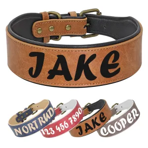 Personalized Leather Dog Collar - Wide Padded Pet ID Collars with Free Name Engraving for Medium to Large Dogs - Perfect for Bulldogs, Huskies, Labradors