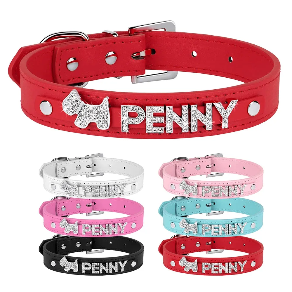 Personalized Leather Dog Puppy Collar Leash Set Bling Rhinestone Free Name Charms Collars For Small Medium Dogs Custom Necklace