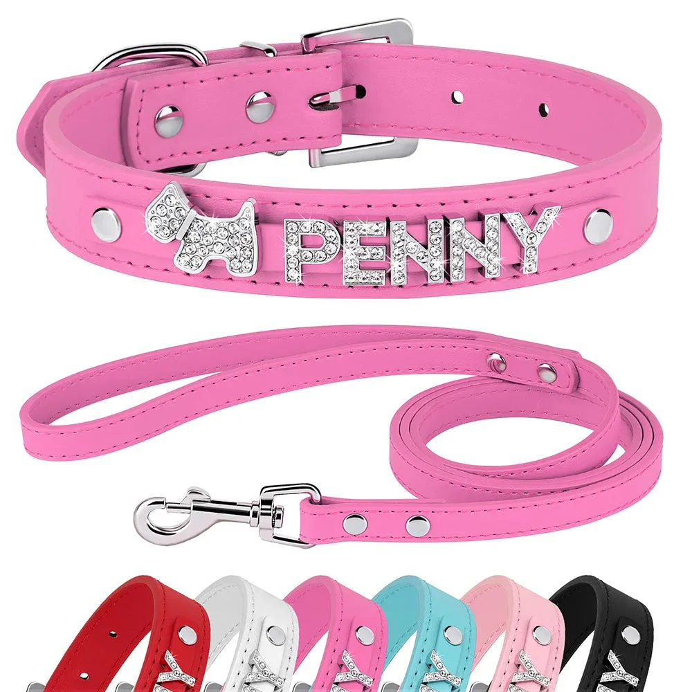 Personalized Leather Dog Puppy Collar Leash Set Bling Rhinestone Free Name Charms Collars For Small Medium Dogs Custom Necklace