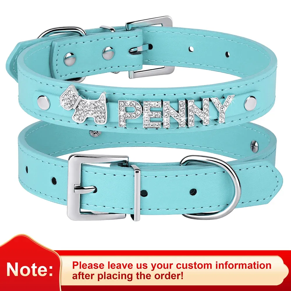 Personalized Leather Dog Puppy Collar Leash Set Bling Rhinestone Free Name Charms Collars For Small Medium Dogs Custom Necklace