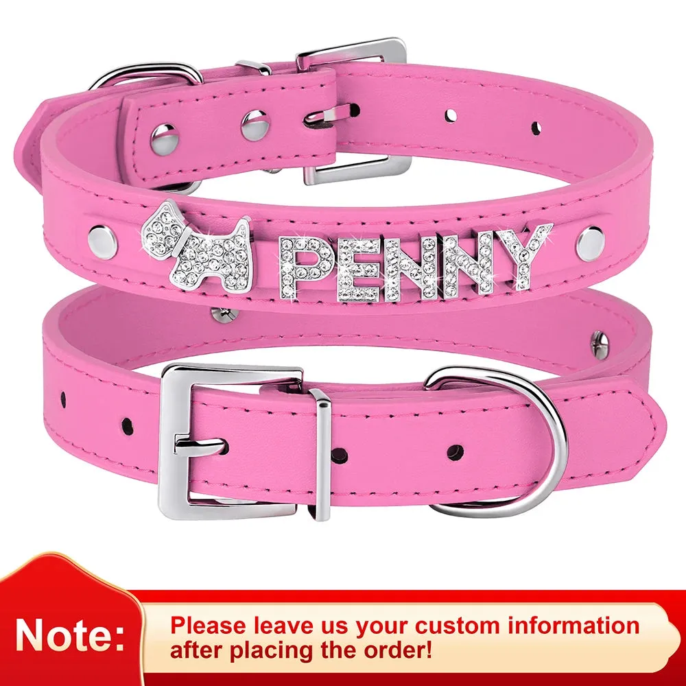 Personalized Leather Dog Puppy Collar Leash Set Bling Rhinestone Free Name Charms Collars For Small Medium Dogs Custom Necklace