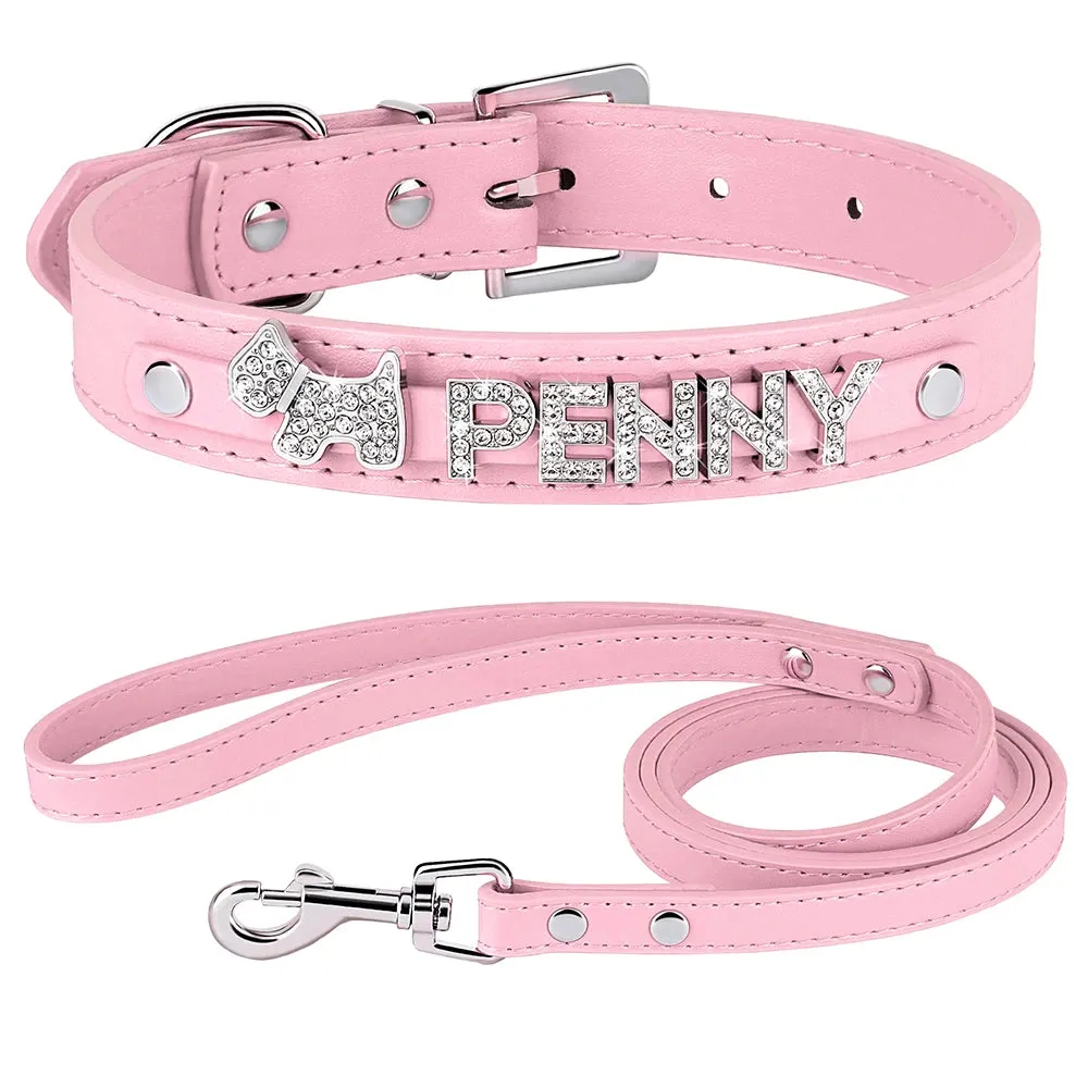 Personalized Leather Dog Puppy Collar Leash Set Bling Rhinestone Free Name Charms Collars For Small Medium Dogs Custom Necklace