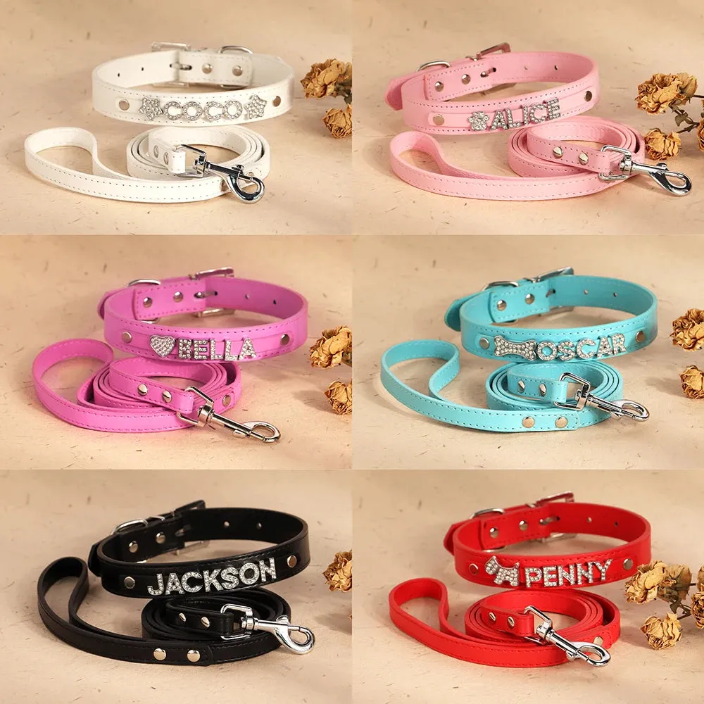 Personalized Leather Dog Puppy Collar Leash Set Bling Rhinestone Free Name Charms Collars For Small Medium Dogs Custom Necklace