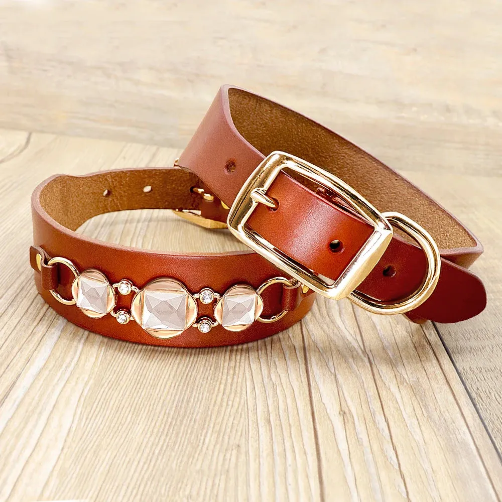 Real Leather Dog Collar - Durable Bling Rhinestone Collars with Cool Metal Accessories for Small and Medium Dogs