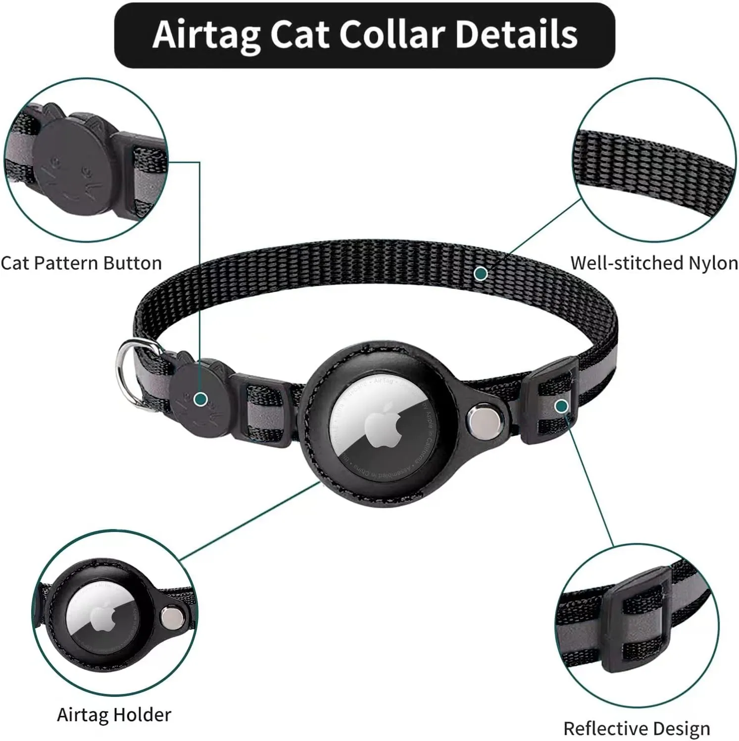 Reflective Airtag Holder Case Cat Puppy Collar-Black