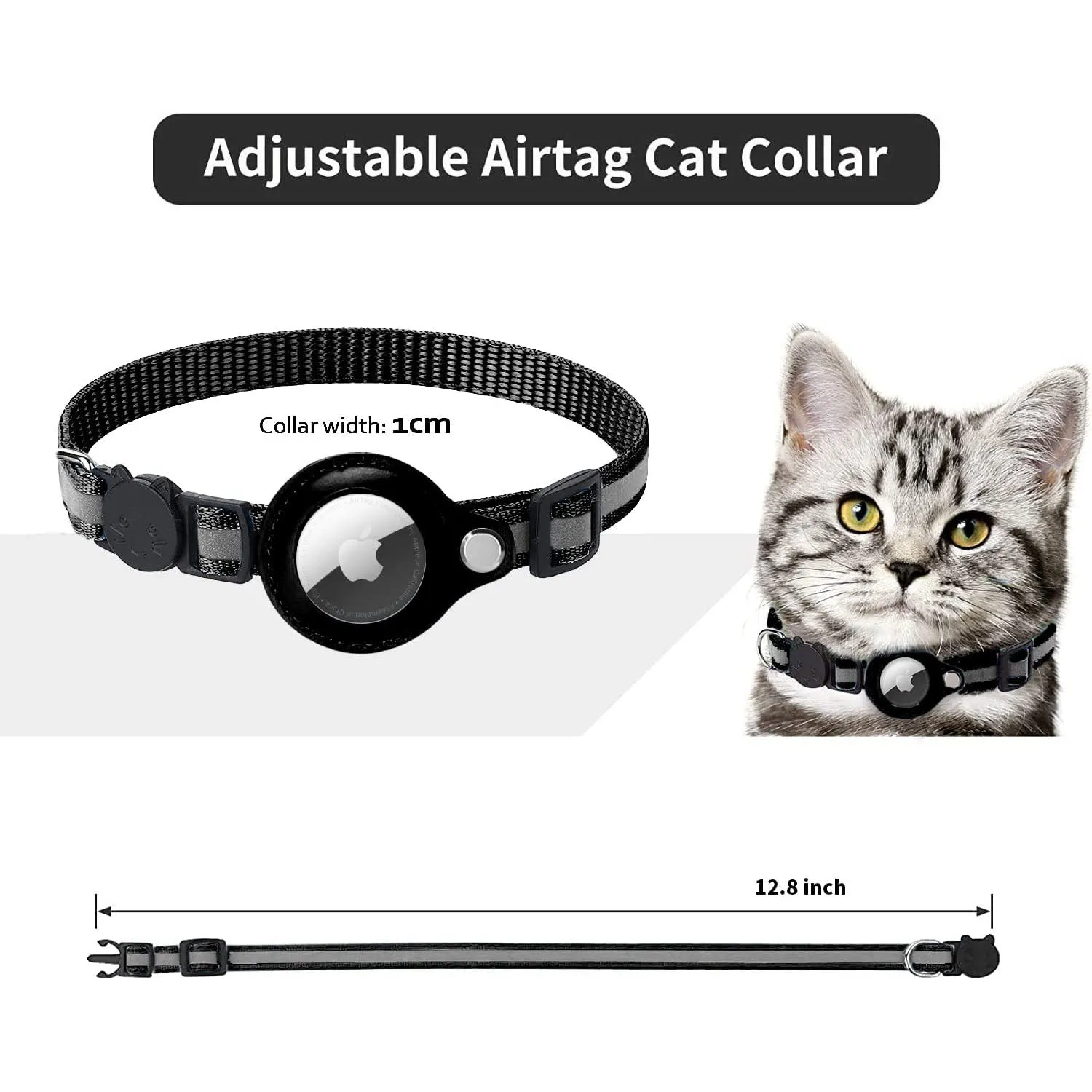 Reflective Airtag Holder Case Cat Puppy Collar-Black