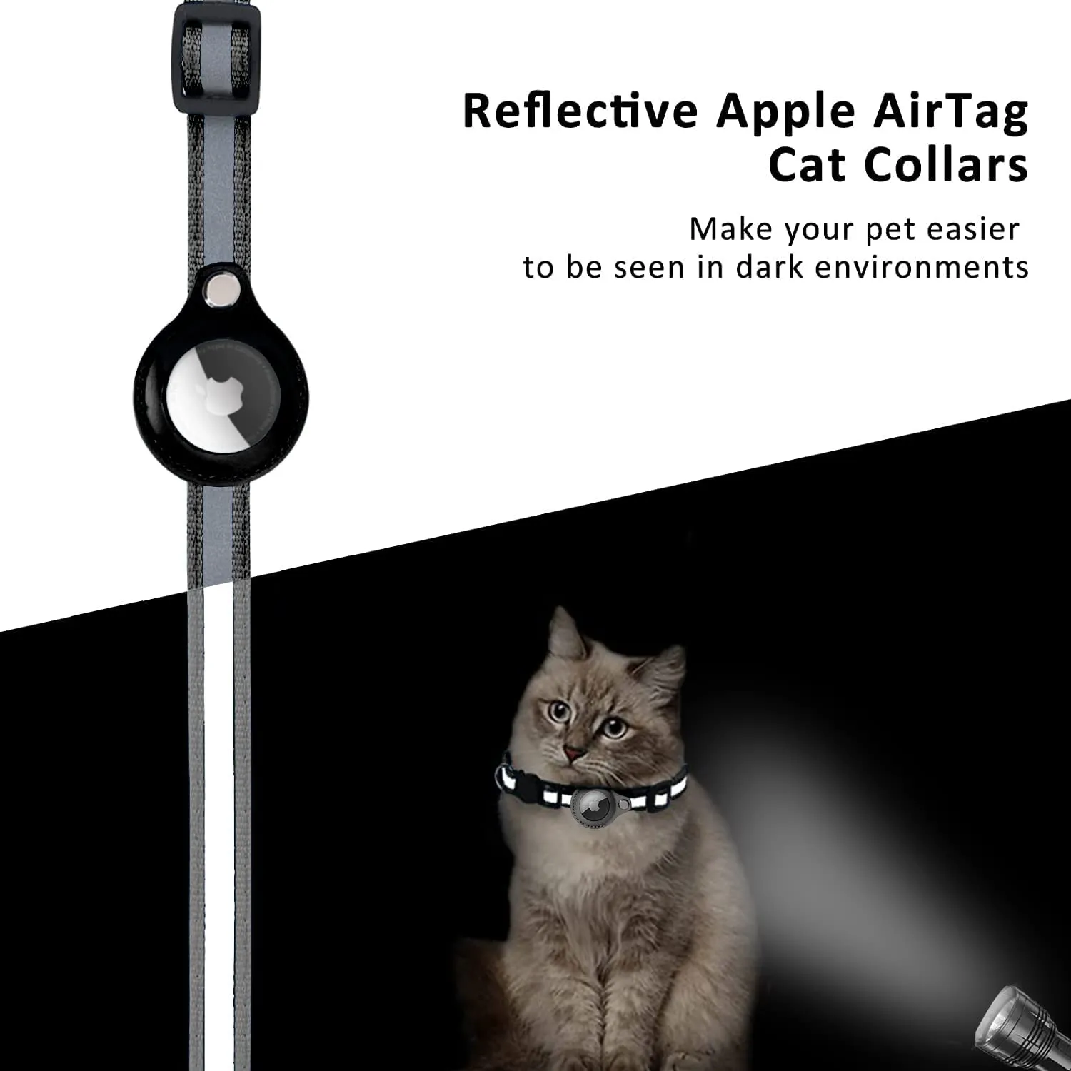 Reflective Airtag Holder Case Cat Puppy Collar-Black