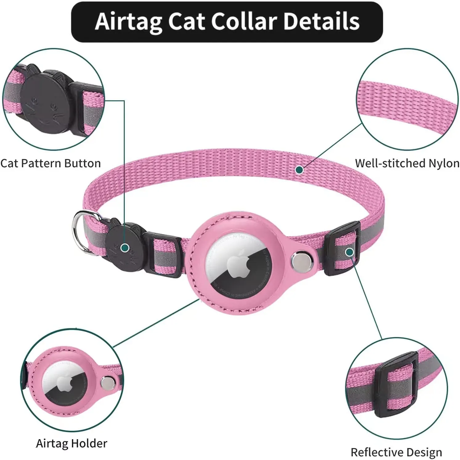 Reflective Airtag Holder Case Cat Puppy Collar-Pink