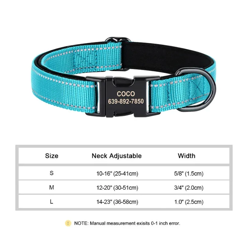 Reflective Personalized Dog Collar - Engraved ID Soft Padded Nylon Collar, Adjustable for Small, Medium, and Large Dogs