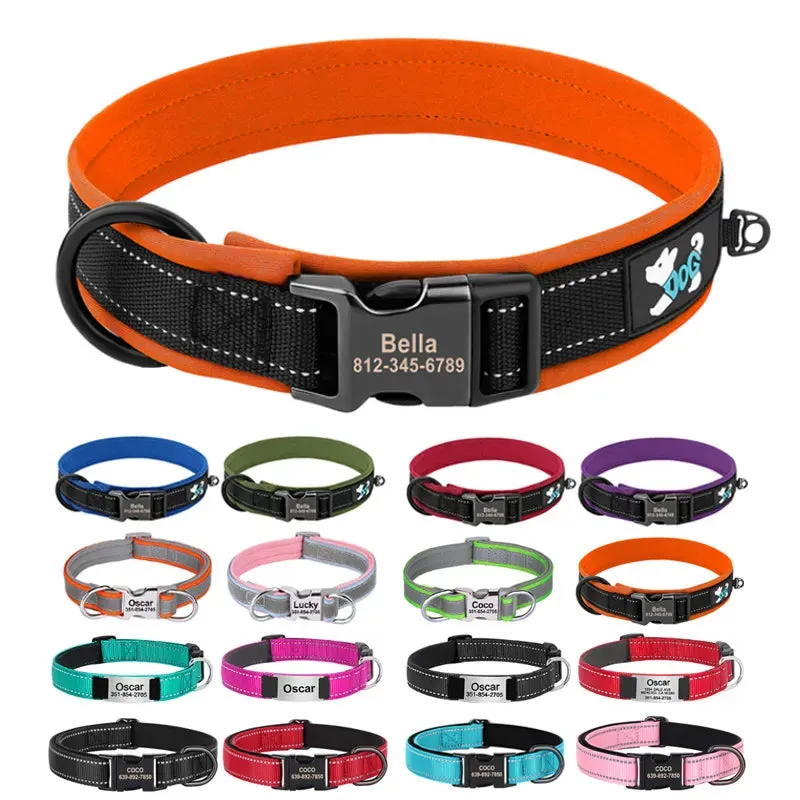 Reflective Personalized Dog Collar - Engraved ID Soft Padded Nylon Collar, Adjustable for Small, Medium, and Large Dogs