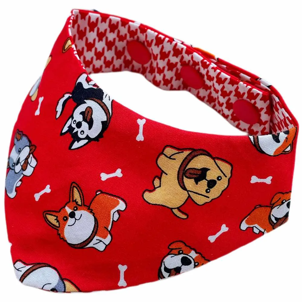 RuffCo Handcrafted Reversible Bandana For Cats & Dogs (Red Puppies)