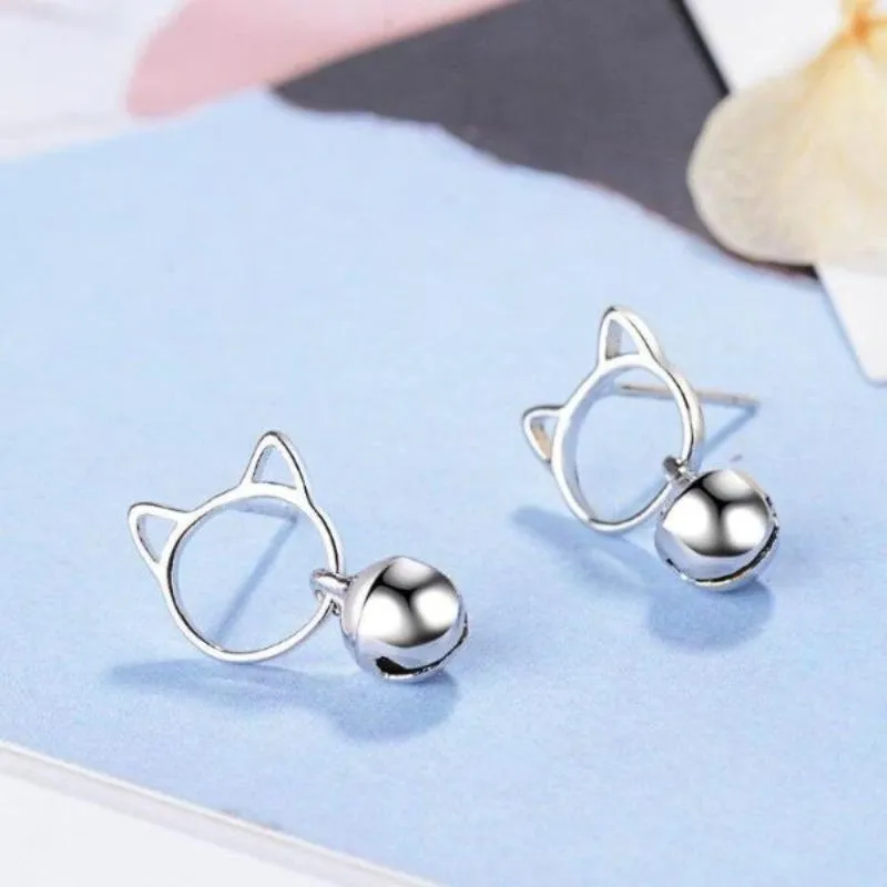 Sterling Silver Cat Ears Stud Earrings With Drop Ball