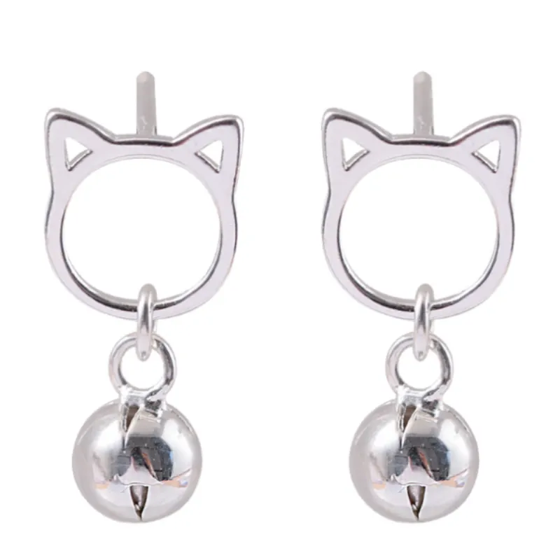 Sterling Silver Cat Ears Stud Earrings With Drop Ball