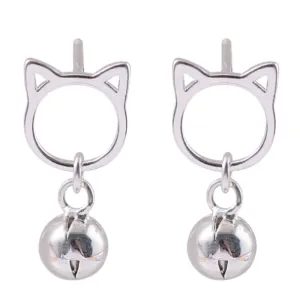 Sterling Silver Cat Ears Stud Earrings With Drop Ball