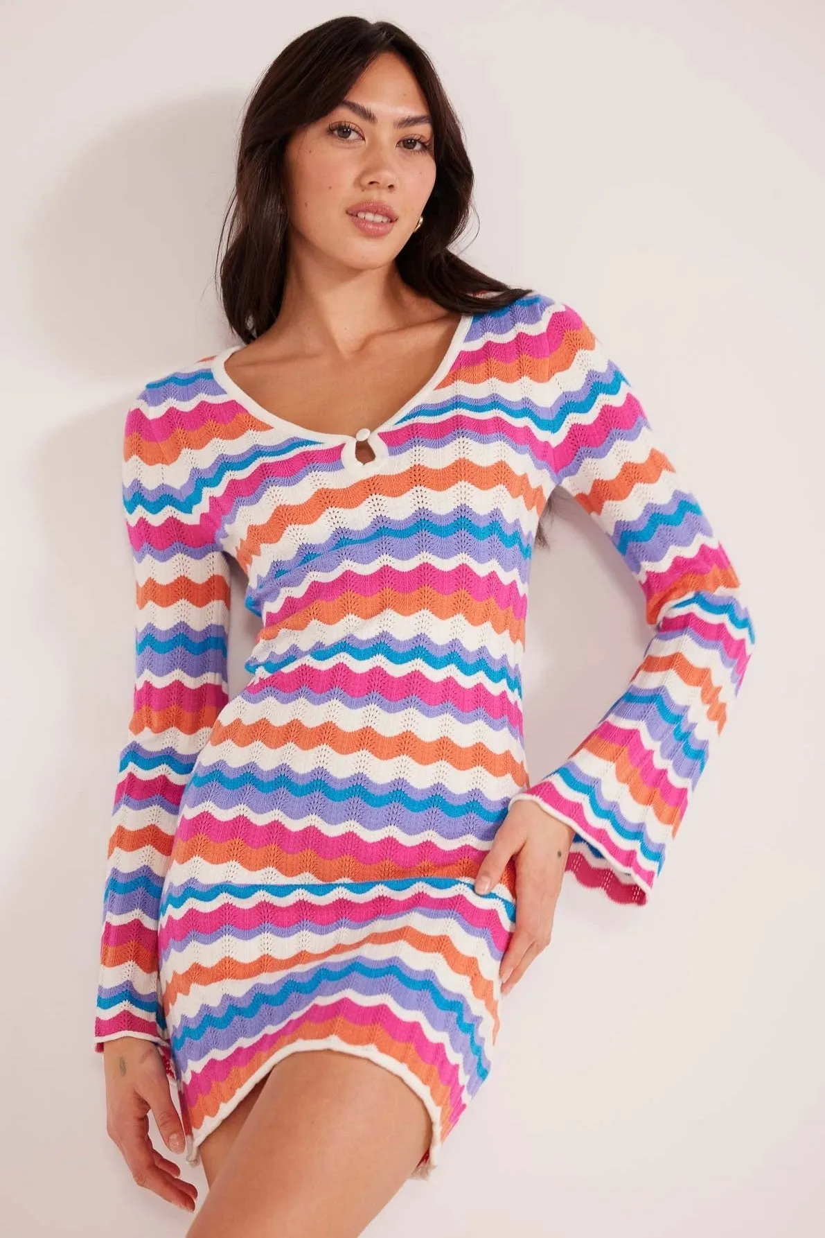 Wilma Coral Stripe Pointelle Knit Dress